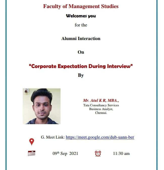 Alumni Interaction on “Corporate Expectation during Interview” by the Faculty of Management Studies