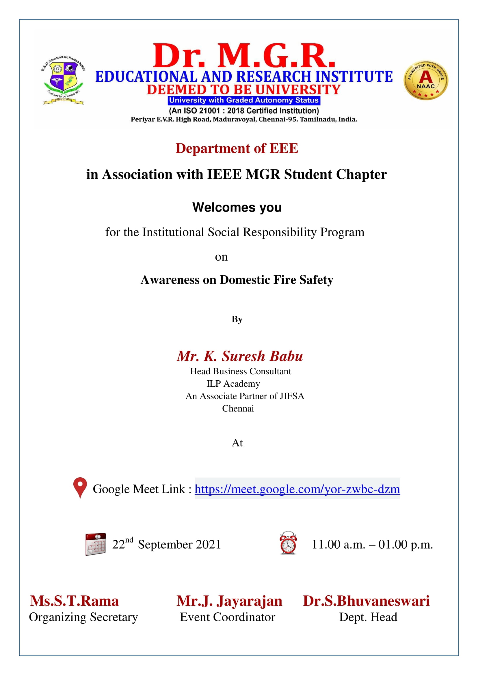 ISR event on Awareness on Domestic Fire Safety by the Department of EEE