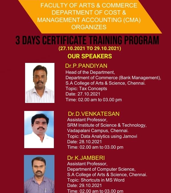 Faculty of Arts & Commerce, Department of Cost & Management Accounting organizes 3 days Certificate Training Program