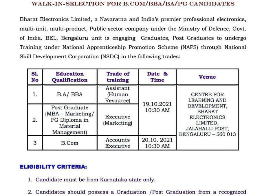Walk-in Selection for B. Com/BBA/BA/PG Students